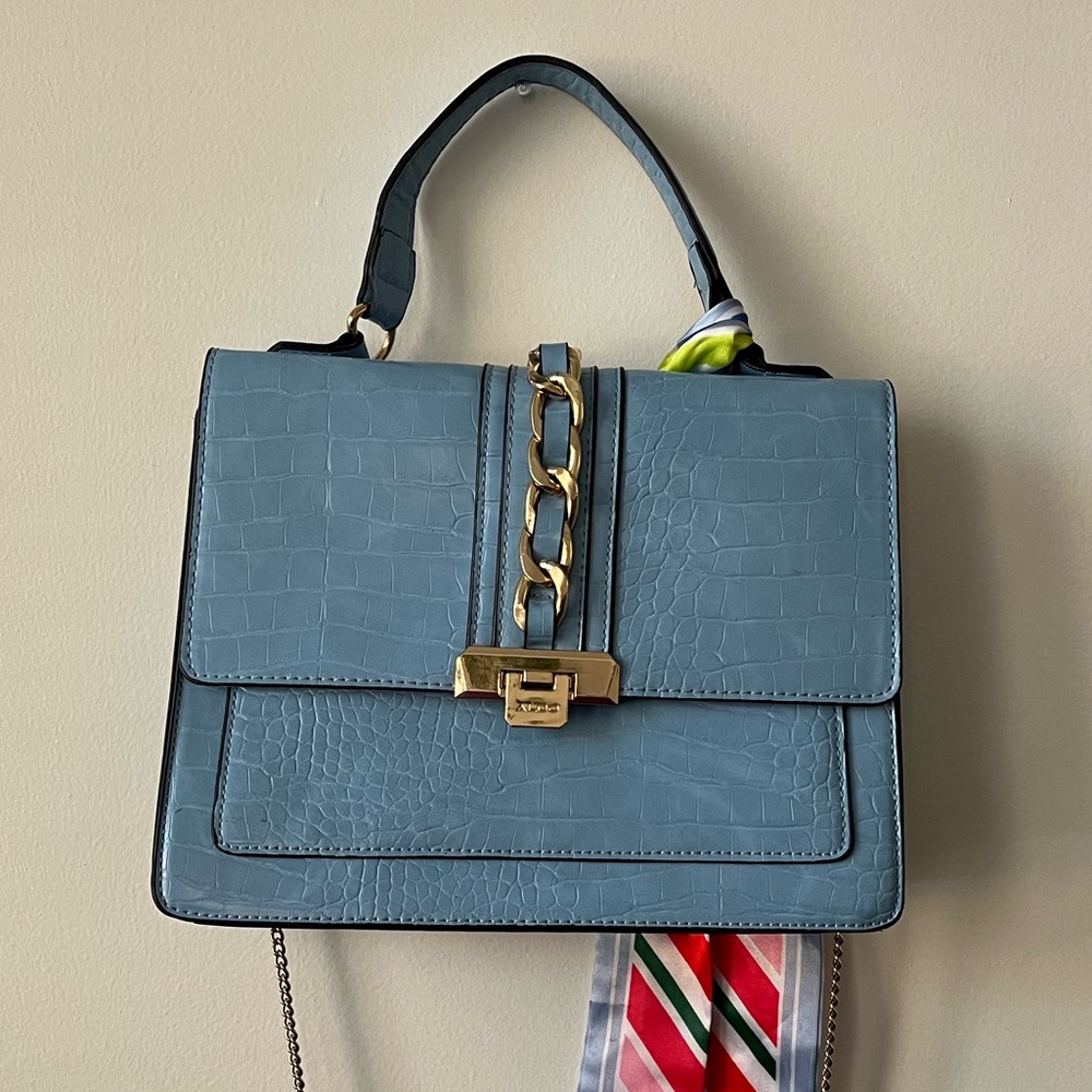 Aldo Glenda Crocodile Embossed Light Blue Shoulder Bag